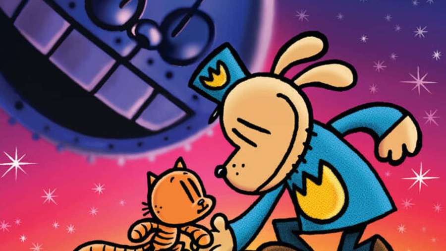 Ein Cartoon-Hasen-Superheld hält eine kleine Katze unter einem lächelnden Mond an einem Sternenhimmel. — Hund Mann Wallpaper