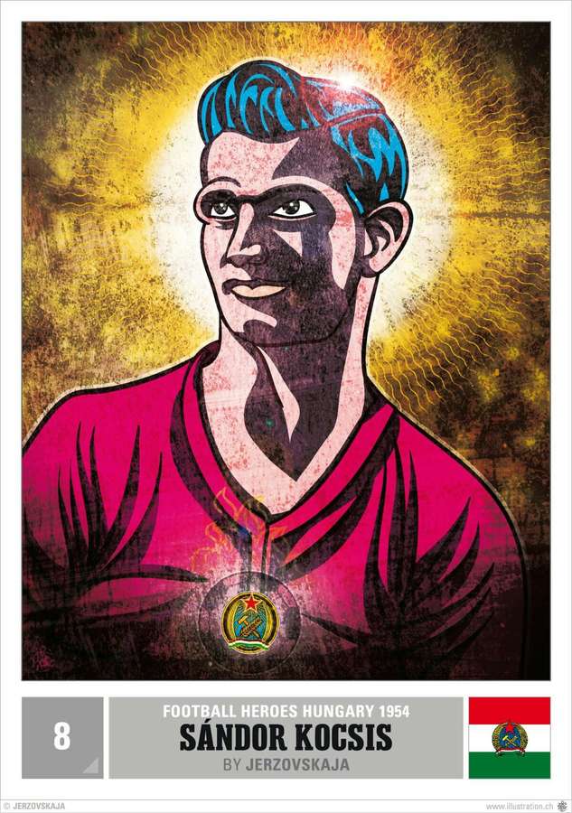 Retrato do herói do futebol húngaro Sándor Kocsis de camisa vermelha com auréola dourada. — Hungria Papéis de Parede