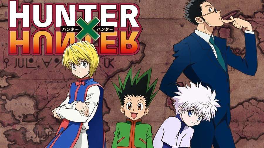 Four Hunter x Hunter anime characters pose before a cracked map with title text. — Hunter X Hunter Background