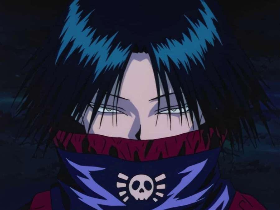 Anime-Charakter mit blau gespitzten Haaren und Totenkopfschal in dunkler Nachtszene — Hunter X Hunter Notebook Wallpaper