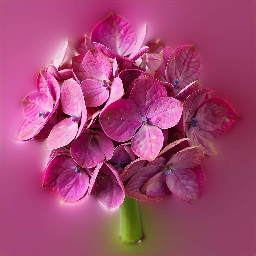A glowing pink hydrangea bouquet with a green stem against a pink background. — Hydrangea PNG