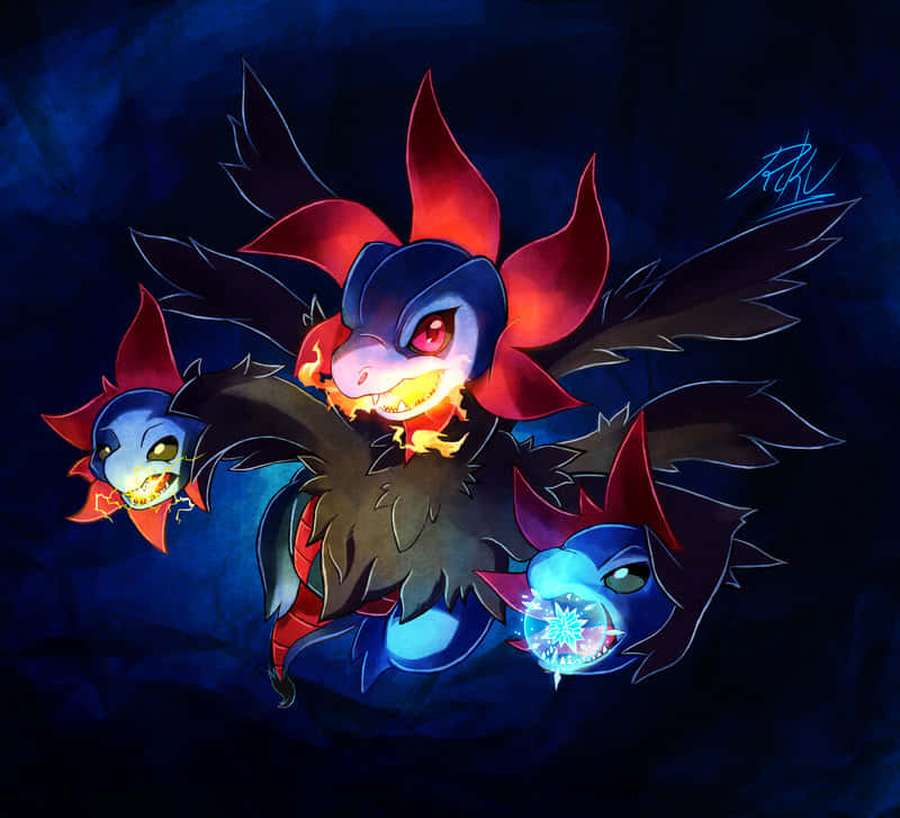 Three chibi dragons with flame ice and lightning powers against a dark blue background. — Hydreigon Wallpaper