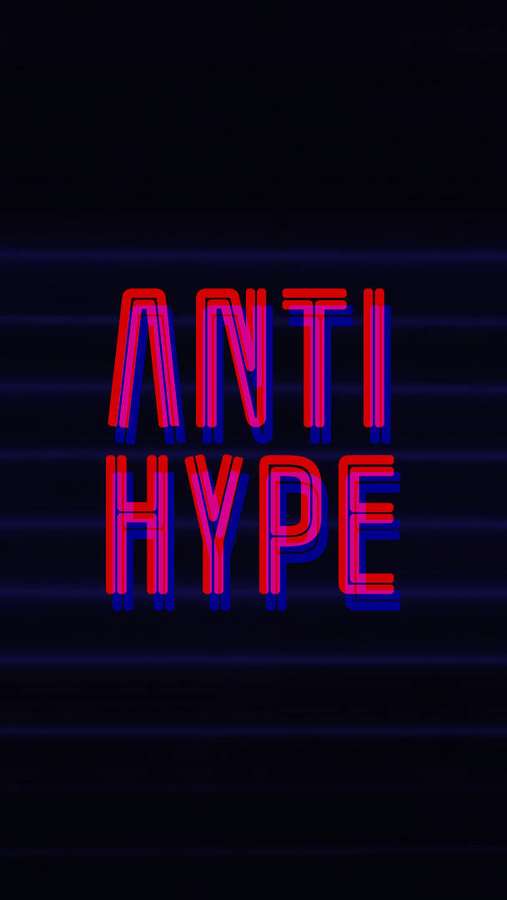 Neon-Schild mit der Aufschrift anti hype mit rotem und blauem Leuchten auf dunklem Hintergrund. — Hype Bilder