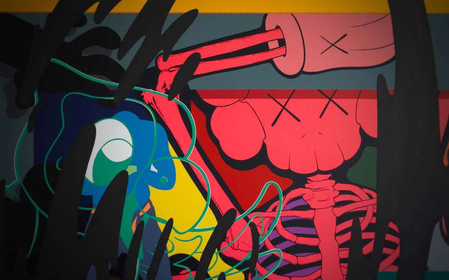 Pop art mural with red skull and blue creature tangled in neon wires. — Hypebeast Wallpaper