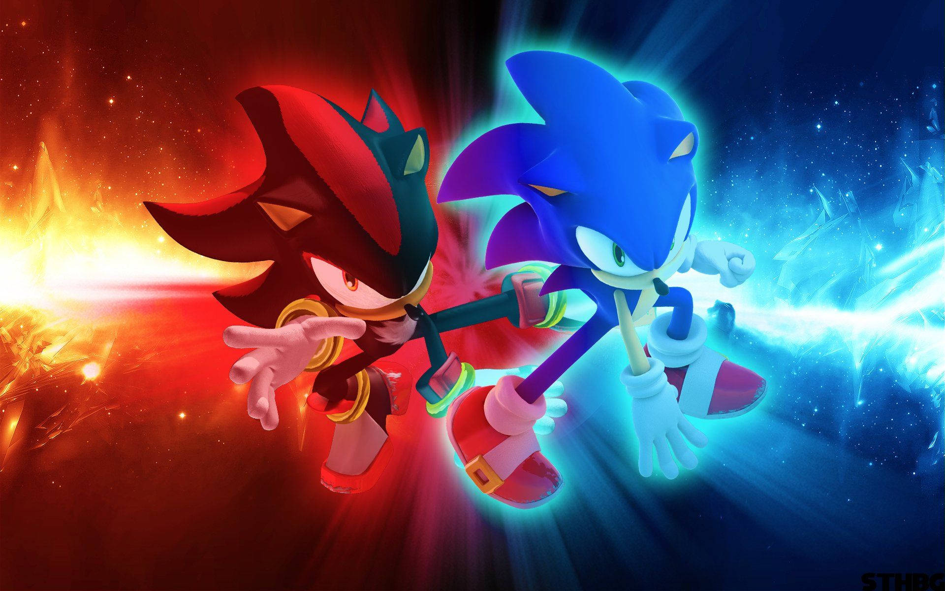 Sonic and Shadow in a glowing battle with red and blue energy effects. — Hyper Sonic Background