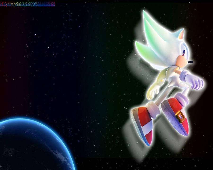 Sonic the Hedgehog flying through space near a blue planet with glowing wings. — Hyper Sonic Picture