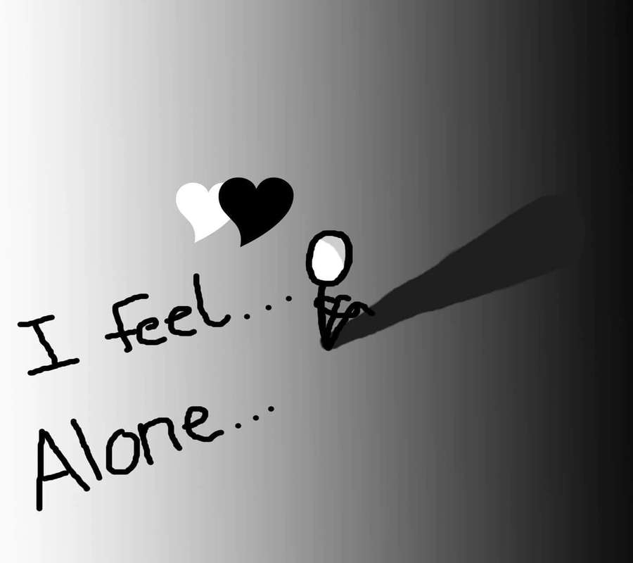 A stick figure with a long shadow beside the words 'I feel... Alone...' and two hearts. — I Am Alone Wallpaper