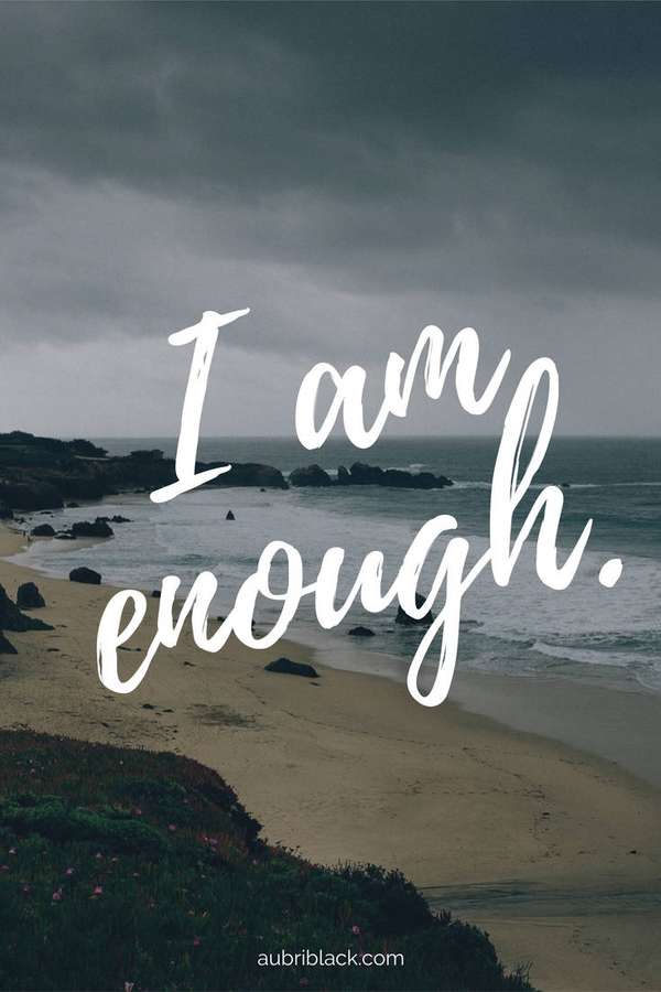 Coastal beach with motivational text saying I am enough under stormy skies. — I Am Enough Wallpaper