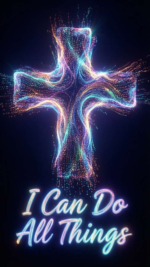 Futuristic wallpaper with a neon cross and the phrase 'I Can Do All Things'. — I Can Do All Things Through Christ Wallpaper