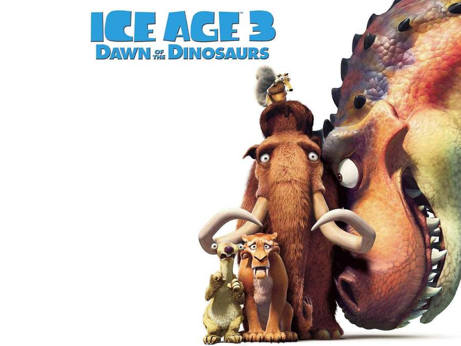 Ice Age -hahmot dinosauruksen ja oravan kanssa mammutin päässä. — Ice Age Taustakuvat
