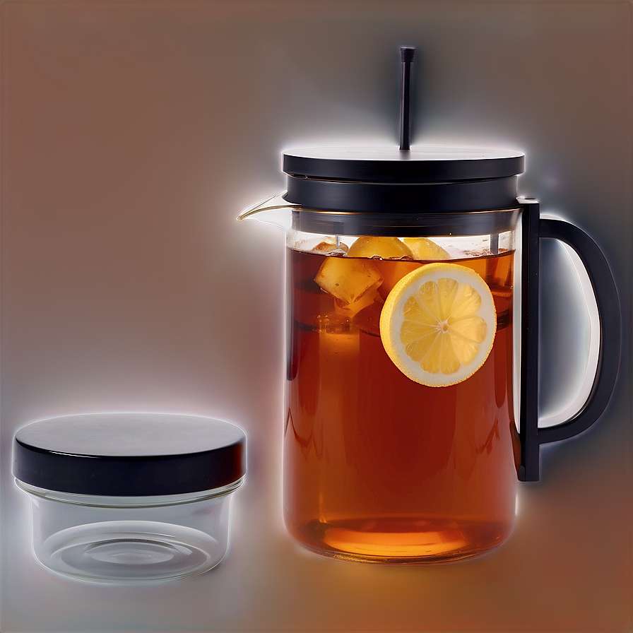Glazen kan met ijsthee met citroenschijfje en ijsblokjes naast het deksel. — Iced tea Achtergronden
