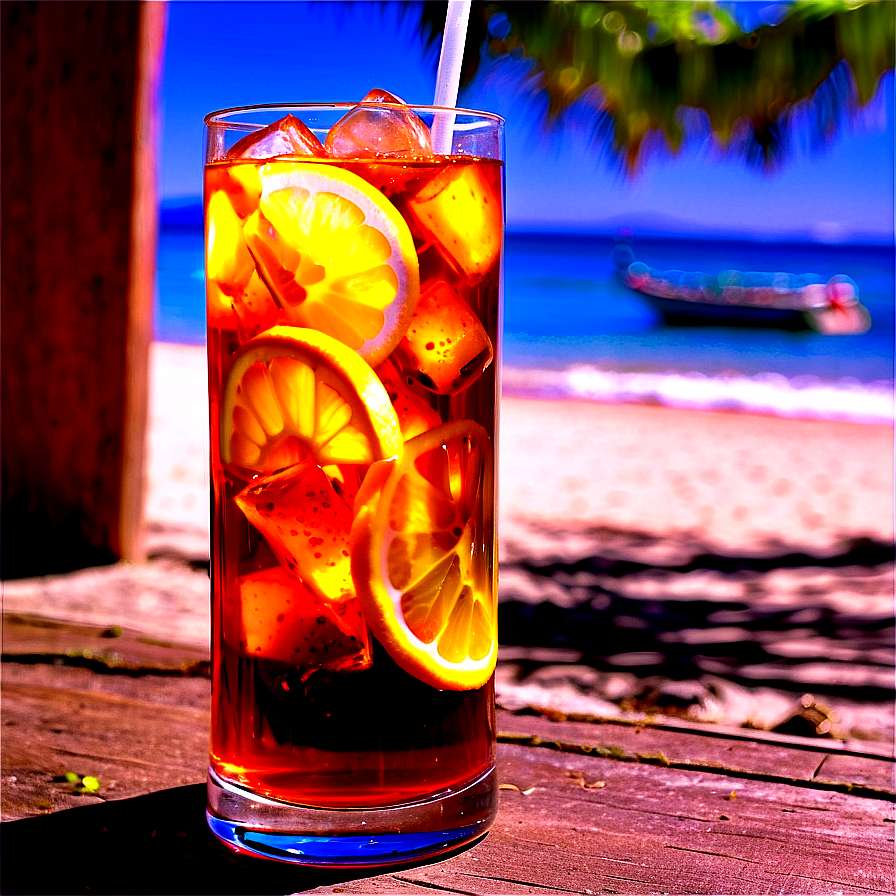 A refreshing tropical drink with lemon and ice on a beach at sunset. — Iced tea PNG