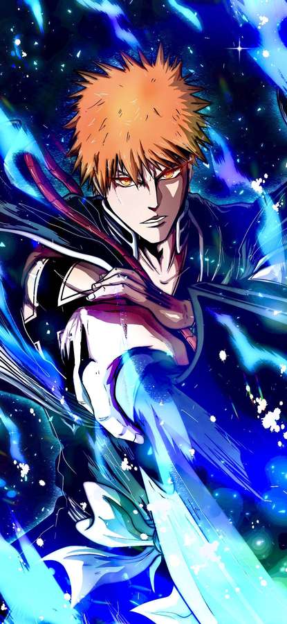 Anime-Figur mit orangefarbenem Haar und leuchtenden Augen, die ein glühendes Schwert im Weltraum schwingt. — Ichigo Bilder