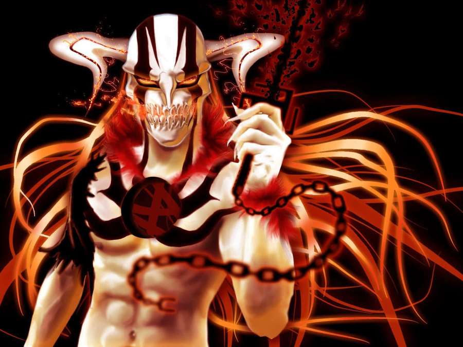 Anime character with skull mask and fiery chains in dark background — Ichigo Final Form Wallpaper