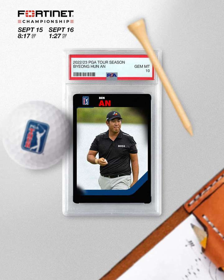 Golf trading card of Byeong Hun An with golf ball and tee on gray desk. — Identity Wallpaper