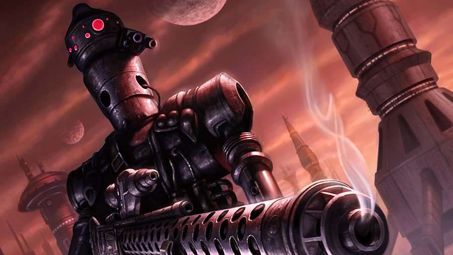 Mechanical warrior with glowing red eyes in a smoky alien city under orange sky. — Ig-88 Wallpaper