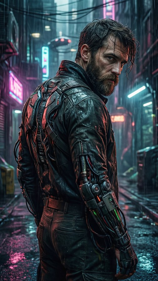 Igor in a neon-lit cyberpunk alley with cybernetic parts. — Igor Wallpaper