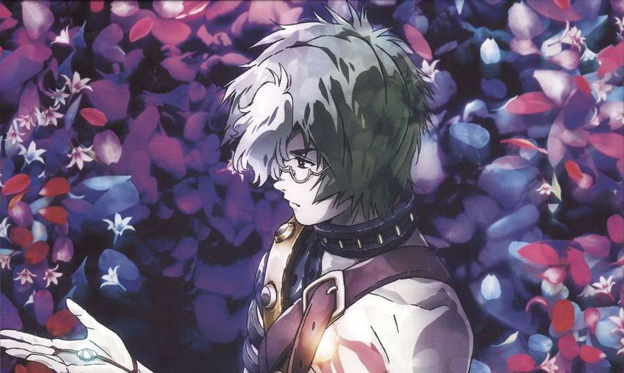 Anime character with glasses and spiky hair surrounded by glowing flowers at night. — Ikoma Wallpaper