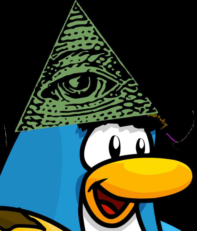 Cartoon penguin wearing a pyramid hat with an eye symbol. — Illuminati PNG