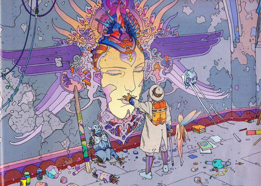 Artist painting a giant winged face in a cluttered studio filled with art supplies. — Illustration Art Background