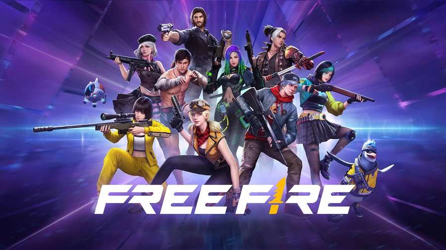 Free Fire -pelihahmot taisteluasennoissa hehkuvalla violetilla taustalla. — Ilmainen Tuli 3d Taustakuvat