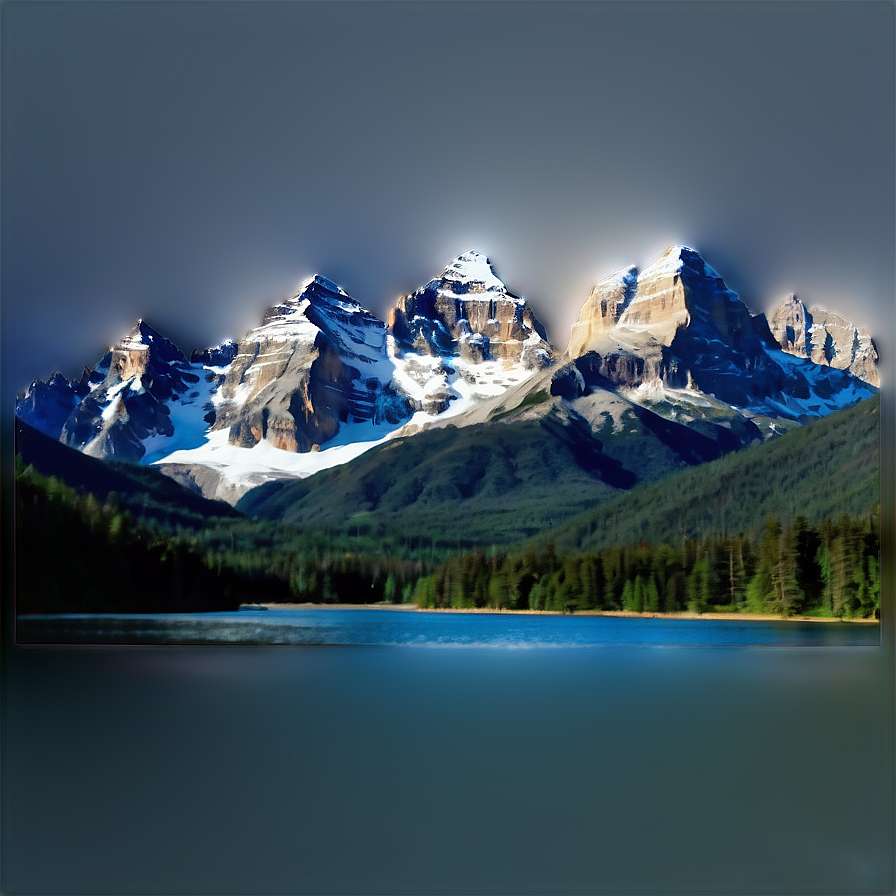 Snowcapped mountains reflect in a calm lake surrounded by evergreen trees at twilight. — Image PNG