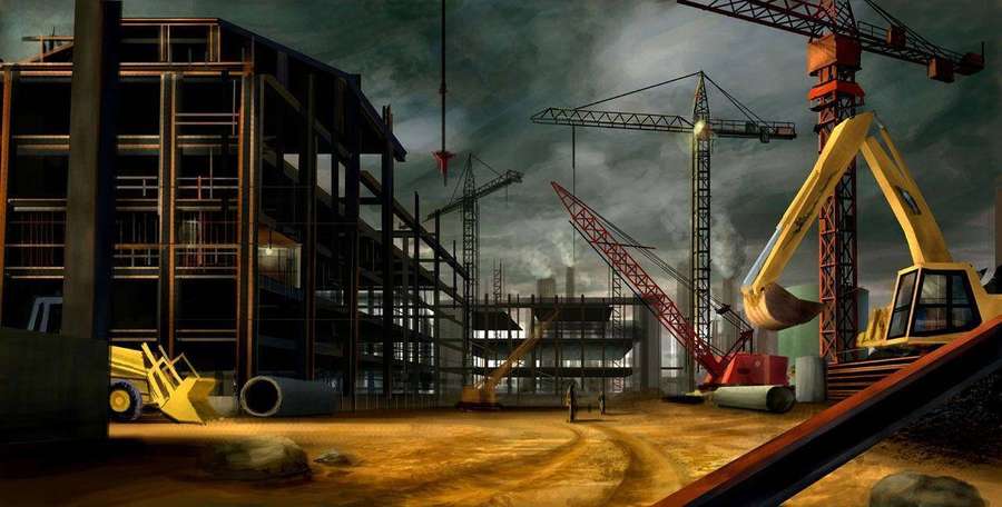 Sitio de construcción con grúas excavadoras y edificios esqueléticos bajo cielo tormentoso al atardecer — Imágenes de ingeniería Imágenes