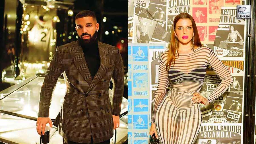 Drake y una mujer con atuendos elegantes posando contra un fondo de carteles de moda vintage y luces de cadena. — Imágenes de Julia Fox Imágenes