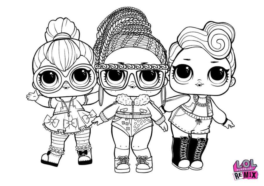 Tres muñecas LOL Surprise Remix en arte lineal en blanco y negro posan juntas. — Imágenes de Lol Coloring Imágenes