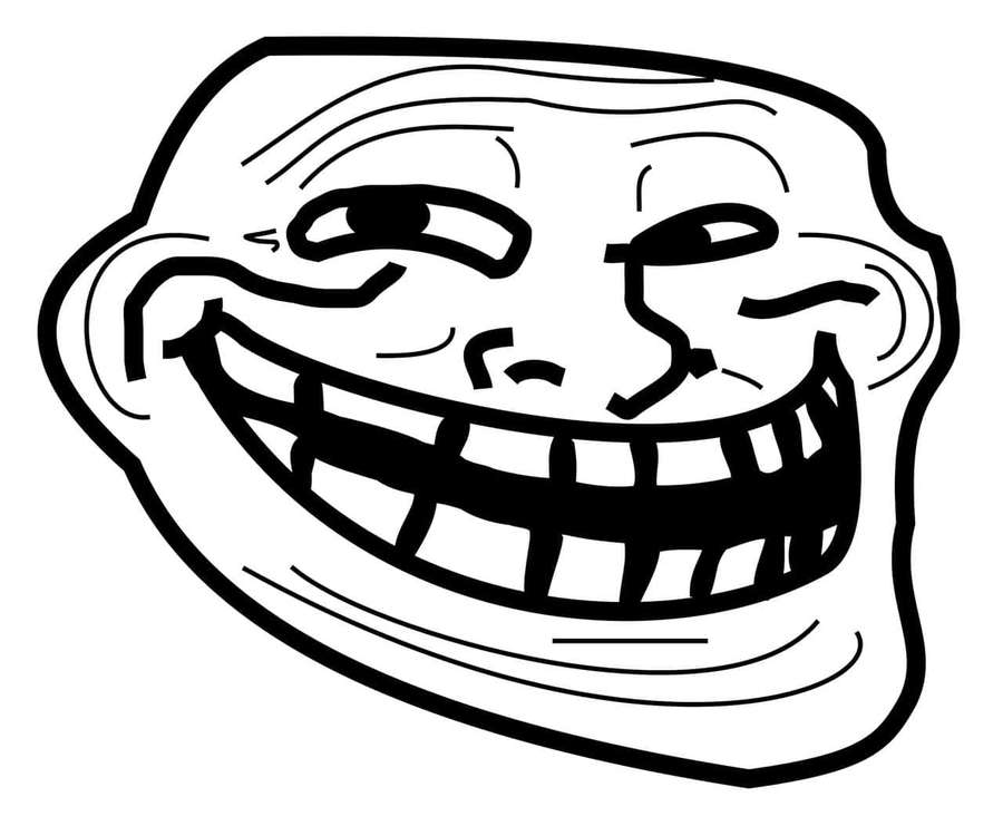 Meme de cara de troll con amplia sonrisa y ojos entrecerrados en arte lineal en blanco y negro. — Imágenes de Troll Imágenes