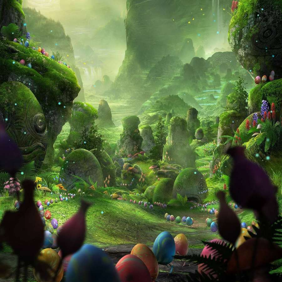 Vale de fantasia caprichoso com orbes brilhantes e ovos coloridos entre rochas cobertas de musgo e flores. — Imagens da Floresta Mágica Papéis de Parede