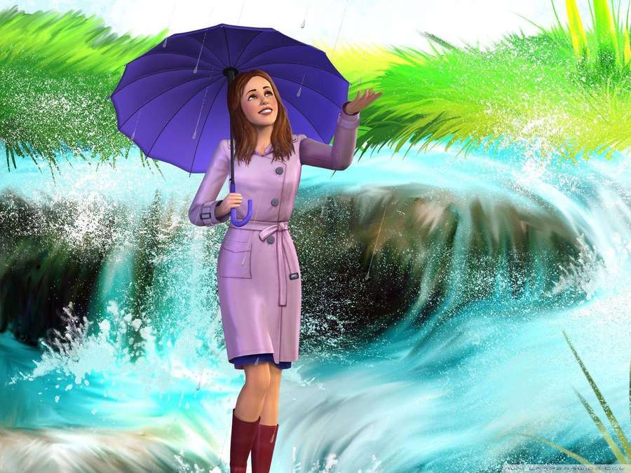 Mulher de casaco roxo e botas segurando guarda-chuva perto de cachoeira. — Imagens de the sims Papéis de Parede