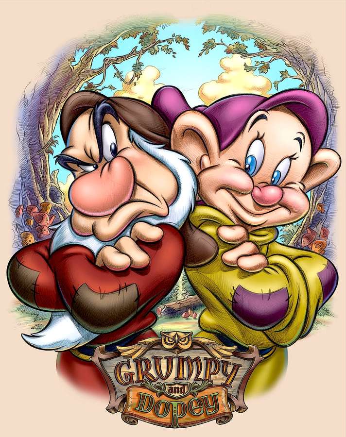 Grumpy e Dopey anões de desenho animado em uma floresta com rostos expressivos. — Imagens do Grumpy Dwarf Papéis de Parede