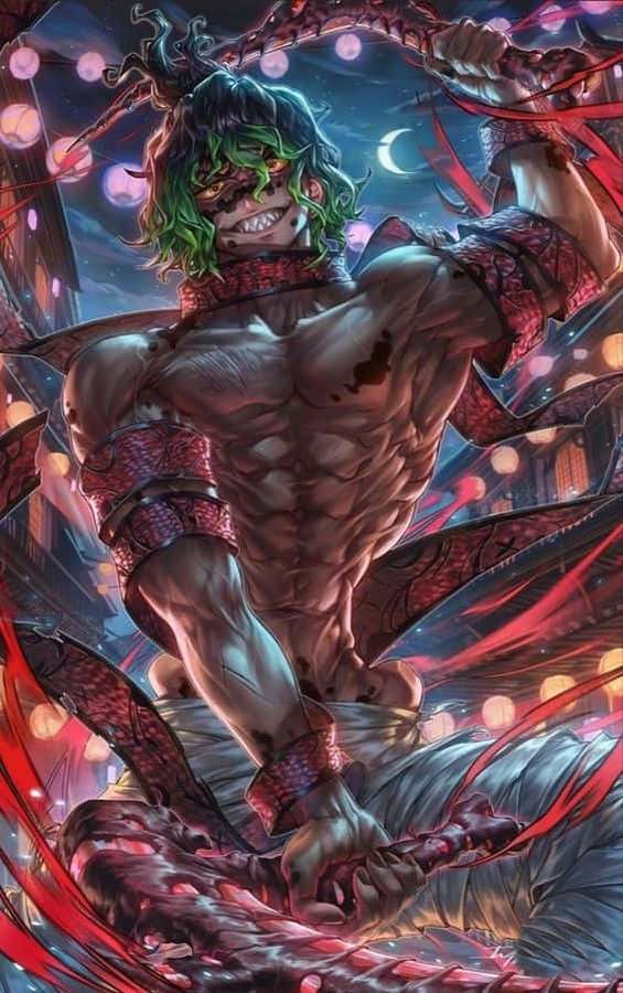 Guerreiro anime de cabelo verde e olhos brilhantes empunhando uma espada ensanguentada sob uma lua crescente. — Imagens do vilão Papéis de Parede