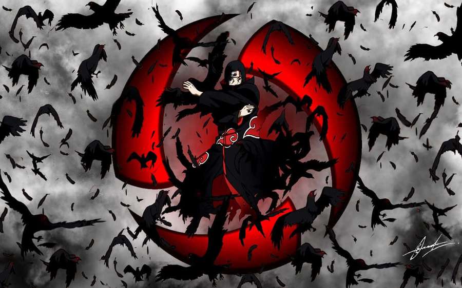 Ninja de anime cercado por corvos em uma espiral vermelha contra céu tempestuoso — Imagens poderosas Papéis de Parede