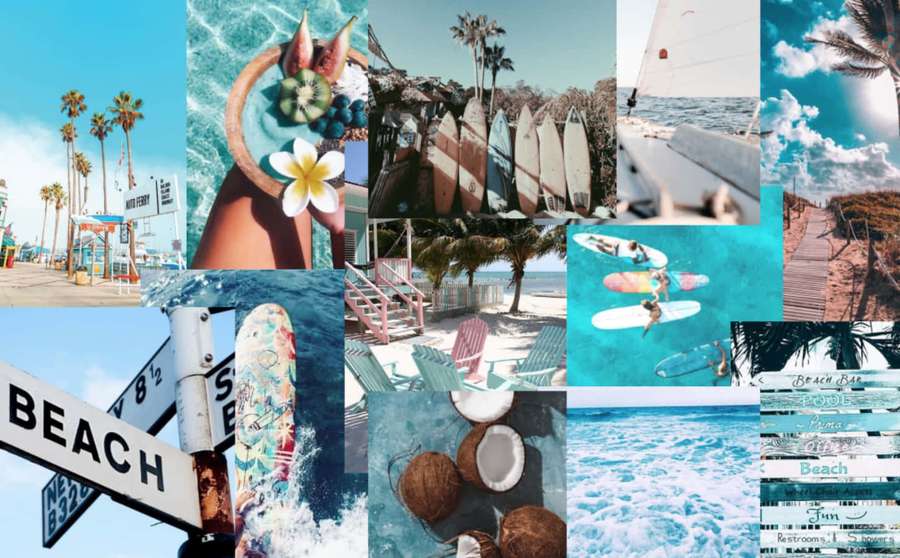 Collage colorato di spiaggia con tavole da surf, palme e scene oceaniche. — Immagini estive Sfondi