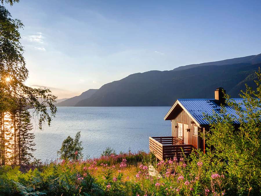 Wooden cabin by lake at sunset with mountains and pink flowers — Impeccable Picture