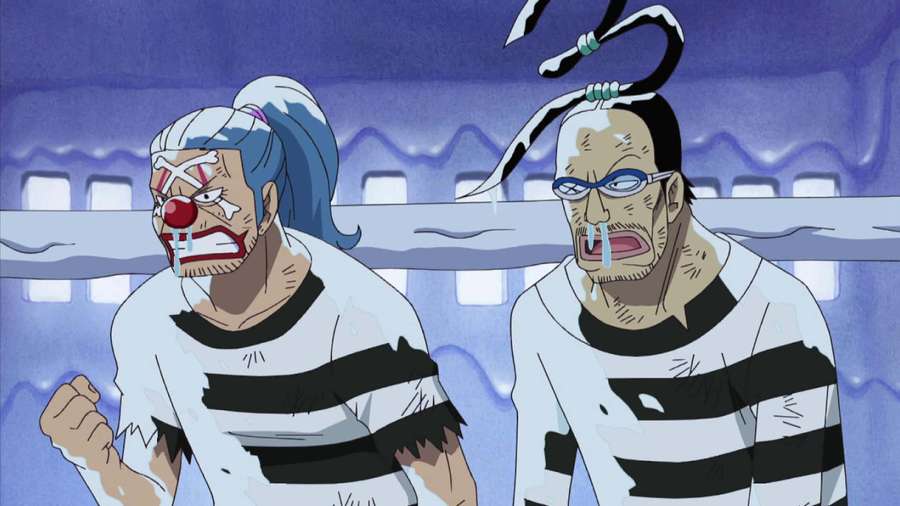 Two terrified anime prisoners in striped uniforms face a giant snake in a blue prison. — Impel Down Wallpaper