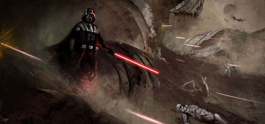 Darth Vader fights in a dusty battlefield with fallen stormtroopers and flying starfighters. — Imperial Army Wallpaper