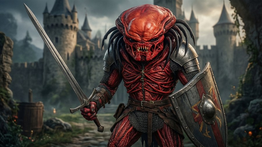 Red impostor as medieval knight with sword, fantasy wallpaper. — Imposter Wallpaper
