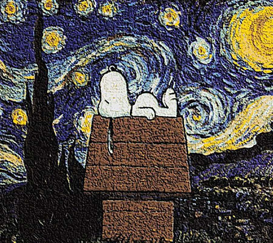 Snoopy durmiendo en su caseta bajo un cielo estrellado arremolinado. — Impresionista Fondos de pantalla