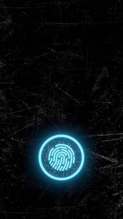 Ícone de impressão digital azul brilhante em fundo preto arranhado — Impressão digital Papéis de Parede