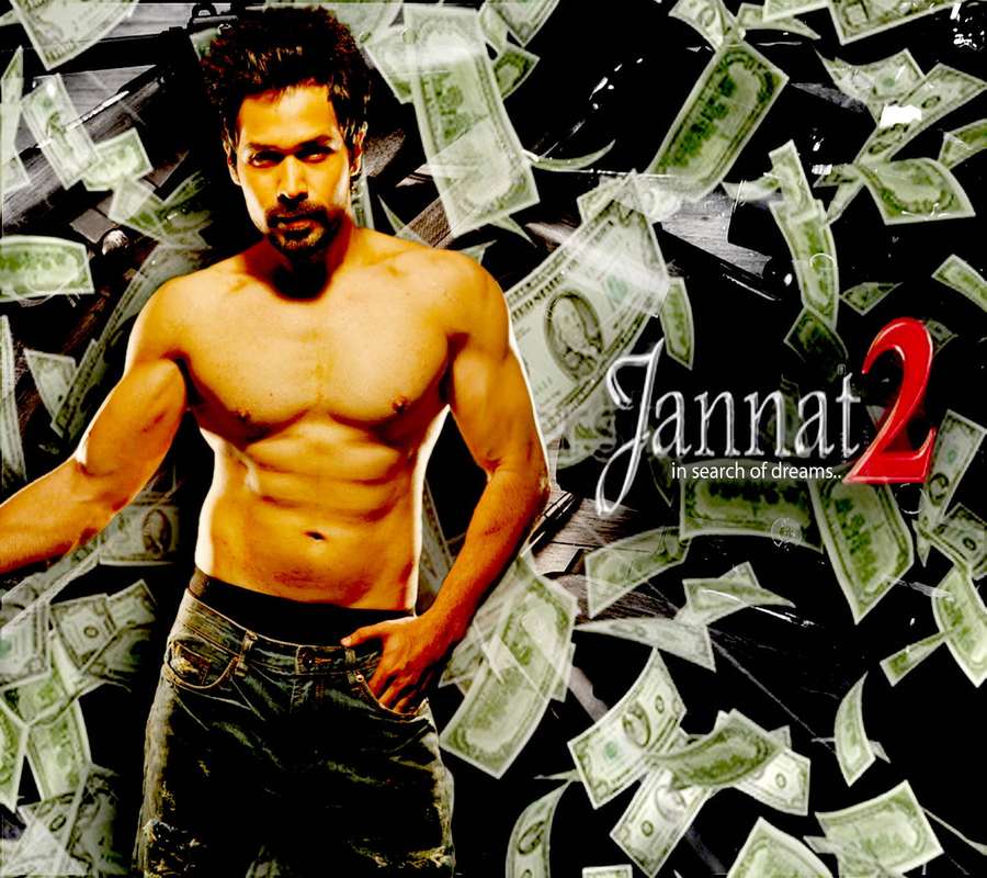 A muscular man in jeans surrounded by falling dollar bills with movie title text. — Imran Background
