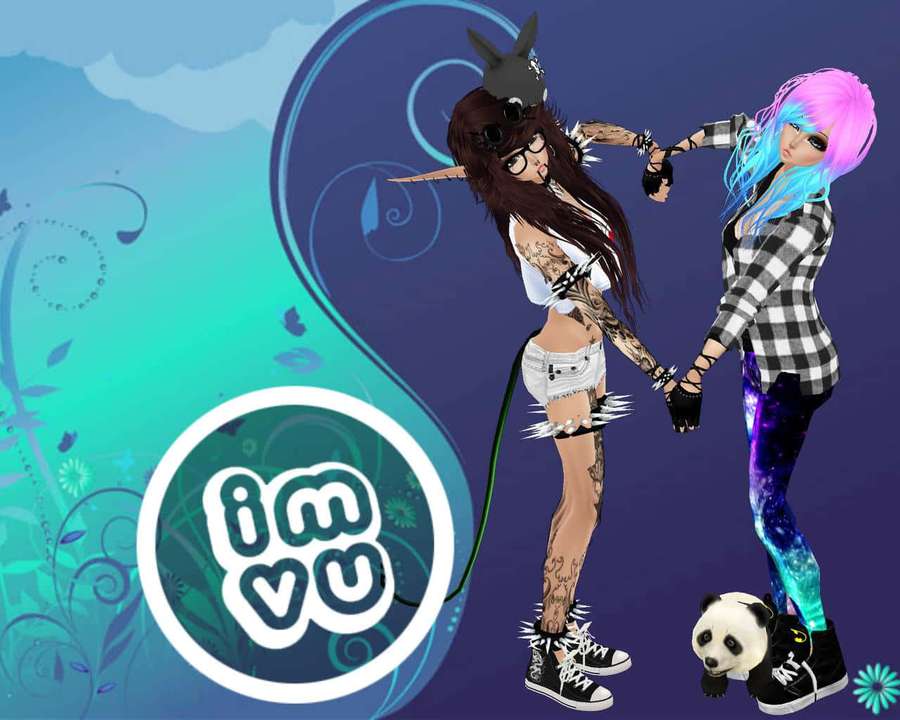 Two cyberpunk-style avatars holding hands with a panda plush toy. — Imvu Background