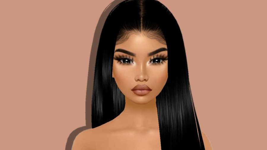 A digitally rendered woman with long black hair and bold makeup on a peach background. — Imvu Picture