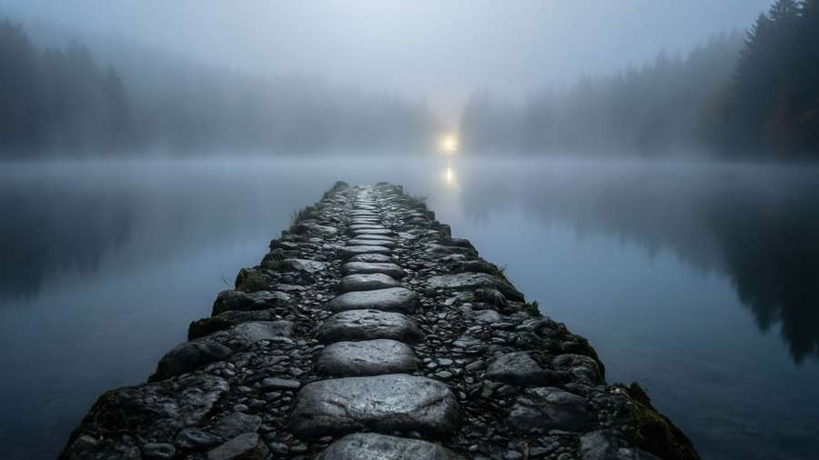 A mystical memorial wallpaper of a stone path leading into a foggy lake with a distant light. — In Memory Of Wallpaper