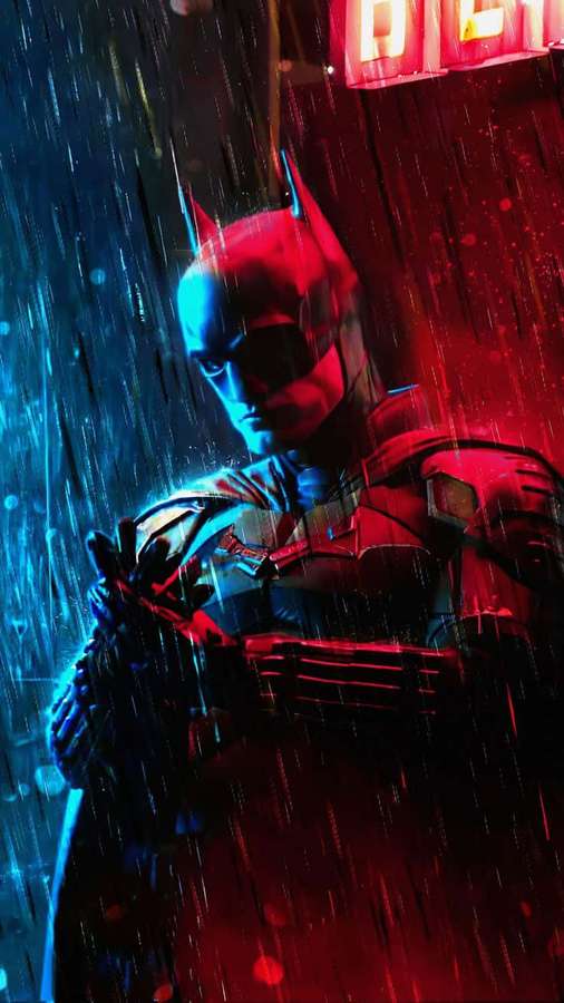 Batman en un callejón lluvioso bajo luces de neón — Increíble Batman Fondos de pantalla