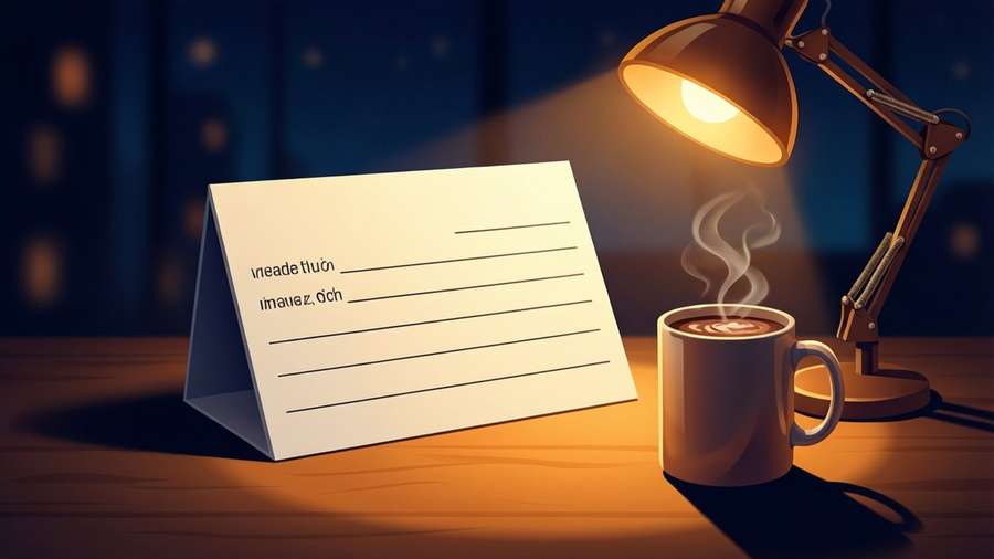 Index card lit by desk lamp at night with hot chocolate, cozy illustration. — Index Card Wallpaper