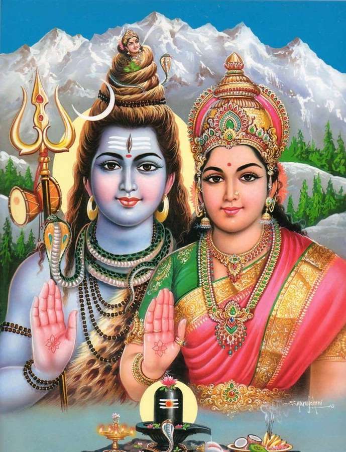 Hindu gods Shiva and Parvati in ornate attire with mountains behind them — Indian Background