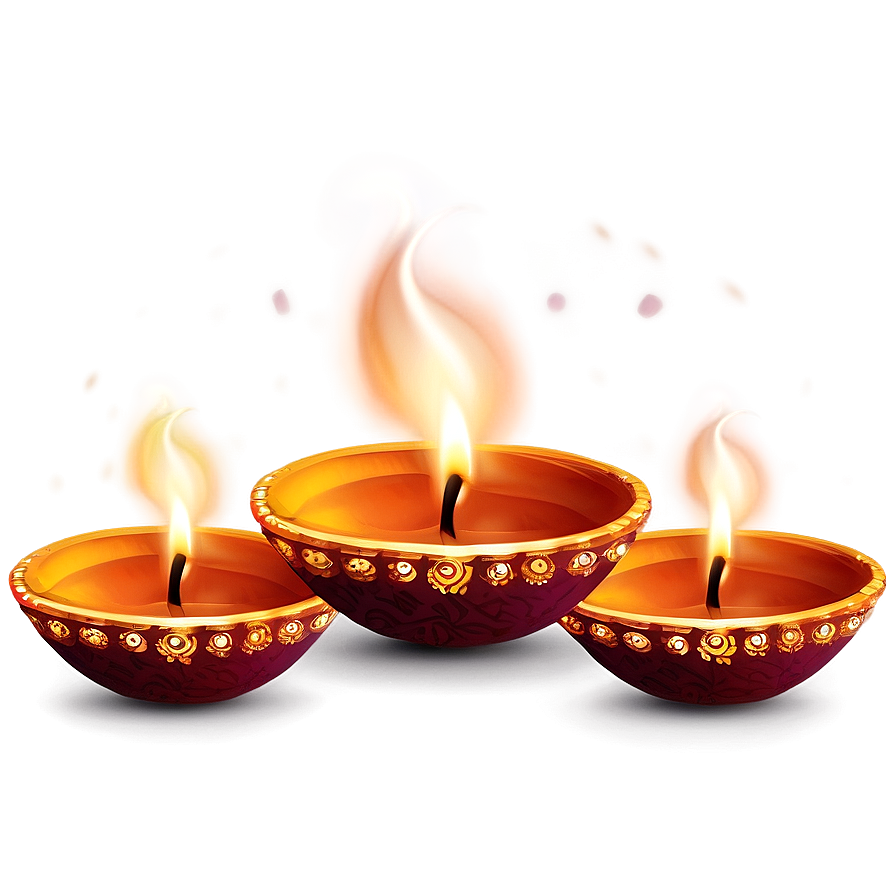 Three lit oil lamps with decorative patterns glowing warmly. — Indian PNG